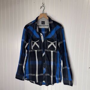 7 Diamonds XXL Plaid Button Shirt Blue Black Cotton Western Pockets Harvest Moon